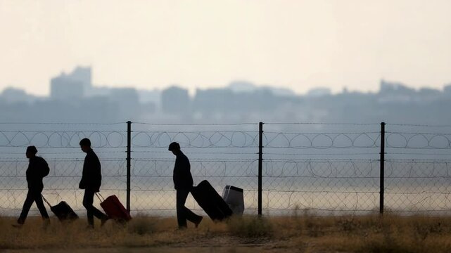 World Refugee Day Commemoration with silhouettes of Refugees Carrying Luggage, Walking Near the Fence