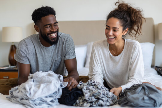 The couple excitedly laying outfits on the bed, debating what to take