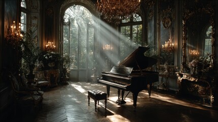 Elegant Grand Piano in Baroque Salon with Sunbeams and Gilded Mirror Reflections