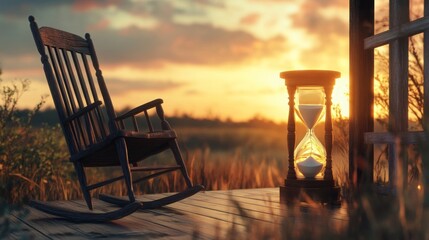 Sunset view with a rocking chair and hourglass revealing the passage of time in a peaceful outdoor setting