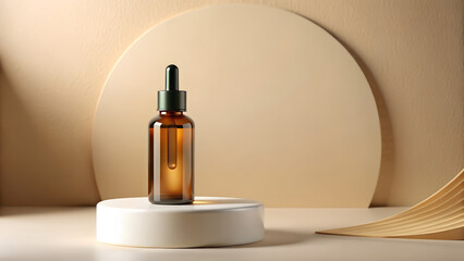 Amber glass dropper bottle on a white pedestal with neutral background