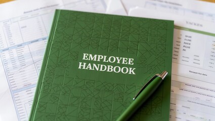 Detailed Overview of an Employee Handbook Surrounded by Various Workplace Documents and a Pen for Official Use