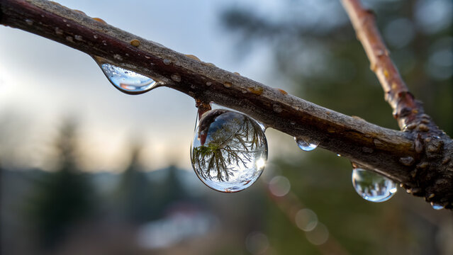 Water droplets on a bare tree branch, with a tree reflected inside a large drop