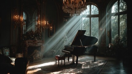 Golden Light on Grand Piano in Lavish Baroque Room with Crystal Chandelier and Ornate Fireplace