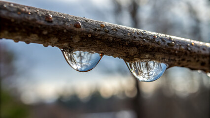 Clear water droplets reflecting the sky on a bare branch