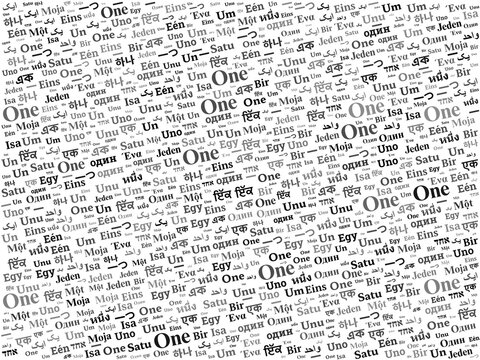 Multilingual "One" Word Cloud Illustration for Numerical and Unity Themes
