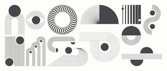 Fototapeta na wymiar Abstract minimal element mid century vector set. Aesthetic contemporary stripe line art, geometric shape in monochrome. Art form design for wall art, decoration, wallpaper.