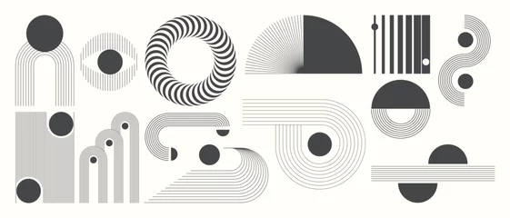 Selbstklebende Fototapeten Abstract minimal element mid century vector set. Aesthetic contemporary stripe line art, geometric shape in monochrome. Art form design for wall art, decoration, wallpaper. © TWINS DESIGN STUDIO
