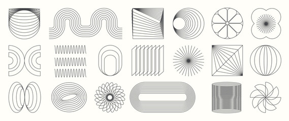 Naklejka na ściany i meble Abstract minimal element mid century vector set. Aesthetic contemporary stripe line art, geometric shape in monochrome. Art form design for wall art, decoration, wallpaper.