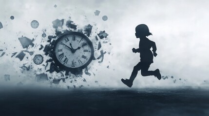 Child runs through a surreal landscape with a shattered clock at dusk, symbolizing the passage of time and adventure