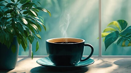 Caffeine kick from first sip and travel coffee stop concept. A steaming cup of coffee beside lush green plants in sunlight.