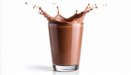 Full Glass of Chocolate Milk with Splash on White Background for Beverage or Food Concept