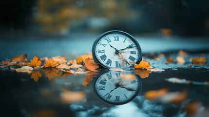 Rusty clock resting on wet ground surrounded by fallen autumn leaves during a rainy day