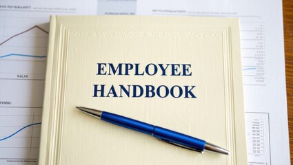 Comprehensive Employee Handbook Document with Pen on Financial Reports Background, Providing Essential Guidelines for Workplace Policies and Regulations