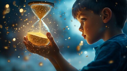 Child holding hourglass while surrounded by sparkling dust in a magical, dreamlike setting at dusk