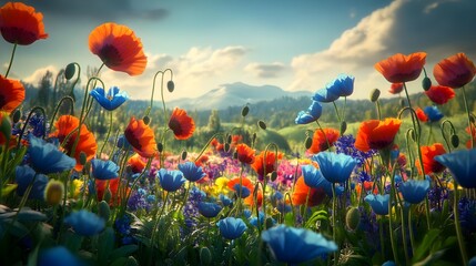 Obraz premium Poppy, Poppies, Cornflower, Vibrant Poppy and Cornflower Meadow in Summer Sunlight