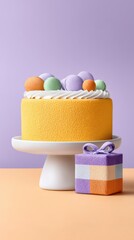 Pastel Yellow Glitter Birthday Cake with Purple Gift