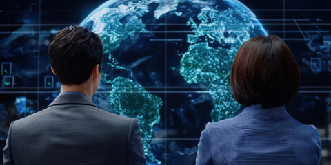 Two people observe a large digital globe with highlighted continents and data overlays in a futuristic, high-tech environment.