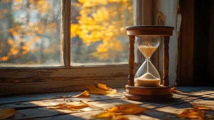 Golden autumn leaves and an hourglass on a windowsill create a serene moment in a rustic setting during fall