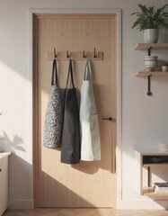 Stylish aprons hanging on a kitchen door, perfect for culinary enthusiasts