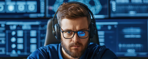 focused man wearing glasses and headphones analyzes data on multiple screens in a high-tech control room or office environment.