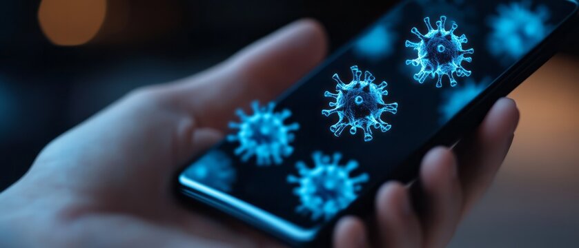 Hand Holding Smartphone Displaying Digital Images of Coronavirus Under Soft Blue Light