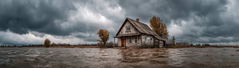 An old wooden house stands isolated on a flooded plain under ominous, dramatic storm clouds with autumn trees nearby.