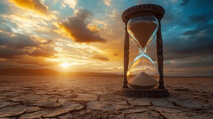 Hourglass on cracked earth against a stunning sunset sky