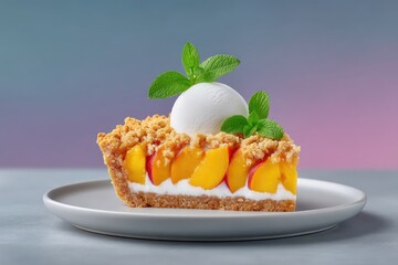 Peach Cobbler Slice with Crumble Topping and Vanilla Ice Cream