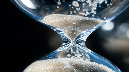 Close-up view of an hourglass with sand flowing from top to bottom during a quiet moment in a dimly lit room