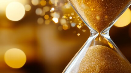 Elegant hourglass filled with golden sand against a soft golden background