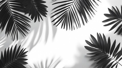 Elegant tropical black palm leaves casting shadows on a clean white surface for summer backdrop