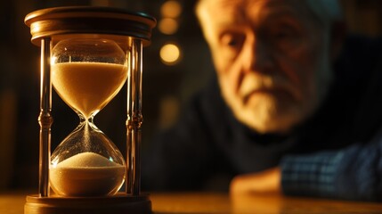 Elderly man reflects on time while watching sand through an hourglass in a cozy room during the evening hours