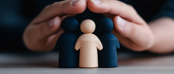 Hands Protecting Wooden Figures Symbolizing Community, Unity, and Support in Difficult Times