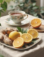 Sliced citrus fruits arranged on a plate with tea in the background