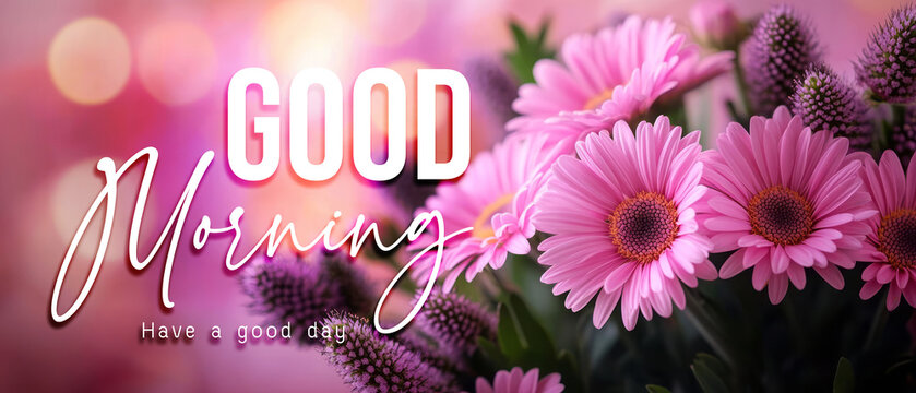 Bright Pink Flowers with Good Morning Text and Bokeh Background for Positive Vibes