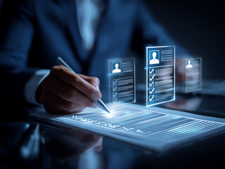 Businessperson reviewing digital profiles and data