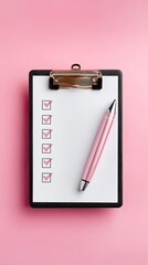 Pink Clipboard Checklist and Pen on Blush Pink Background