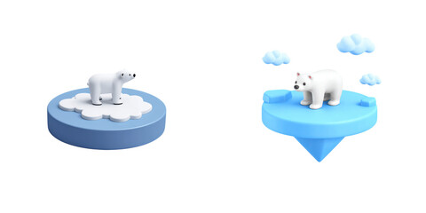 Polar bears on floating ice platforms with clouds.