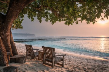 Fototapeta premium Peaceful beach sunset with wooden chairs under leafy tree by the ocean shore. Quiet hidden beach, empty chairs, peaceful and serene travel experience, tranquil and relaxing vacation