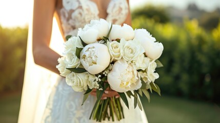Wedding bouquet of flowers, Bride with a bridal bouquet made of white peonies in her hand, Product photo for bridal bouquet, In the garden of a minimalist villa.