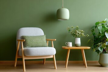 Green wall with a minimalist interior design, a chair, and a lamp in the room