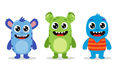 A playful illustration featuring three unique and vibrantly colored cartoon monsters with large eyes and friendly expressions, standing against a white background.