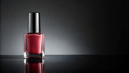 Elegant red nail polish bottle with black cap on reflective surface