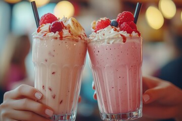 Romantic couple sharing a glass of milkshake at a restaurant, laughing and enjoying a sweet moment together while savoring their favorite treat, Generative AI