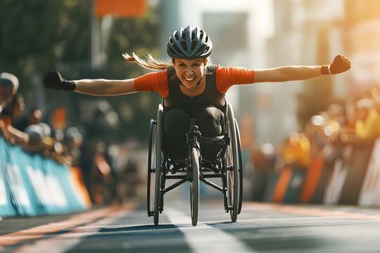 Determined wheelchair athlete celebrates victory after crossing the finish line in a marathon race