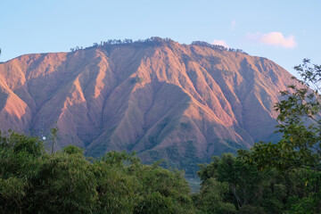 Golden sunrise bathes Pergasingan Hill, revealing lush rice paddies from Selong Hill viewpoint in Sembalun, Lombok—tranquil harmony of agriculture and mountain landscape.