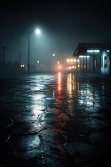 Rainy Night City Street Scene with Red Fog and Glowing Lights