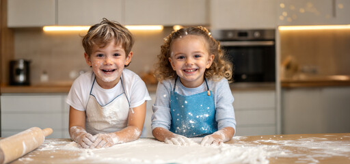 Two smiling children covered in flour while baking in the kitchen, with aprons on. This heartwarming scene captures the joy of culinary exploration and childhood fun