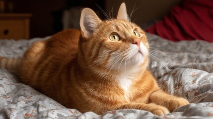 Close-up of an orange tabby cat lying on a bed with a relaxed and curious expression